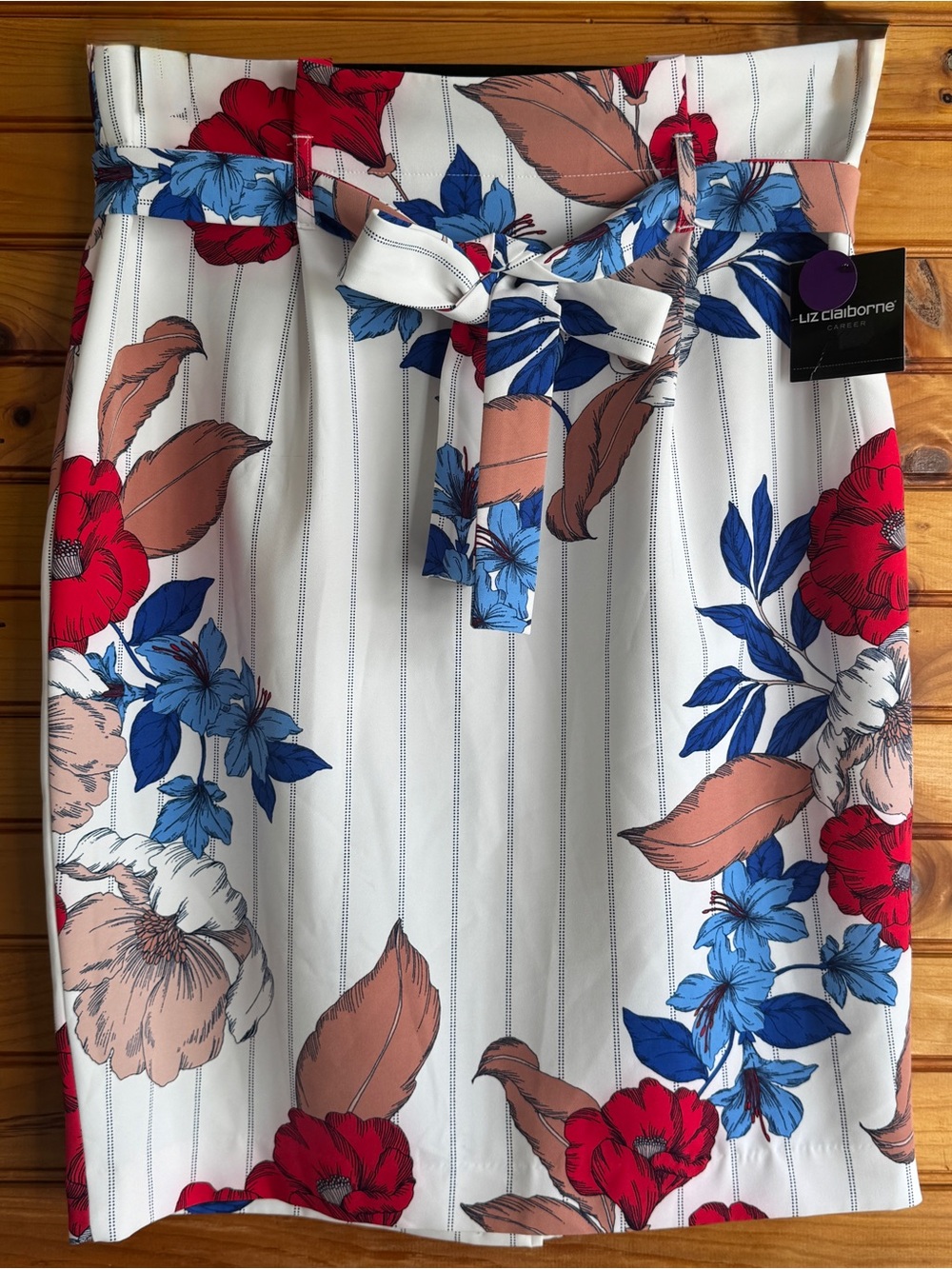 Floral Paperbag Pencil Skirt 12 Belted Pinstripe Liz Claiborne NWT Work Office